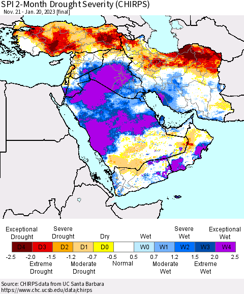 Middle East and Turkey SPI 2-Month Drought Severity (CHIRPS) Thematic Map For 11/21/2022 - 1/20/2023