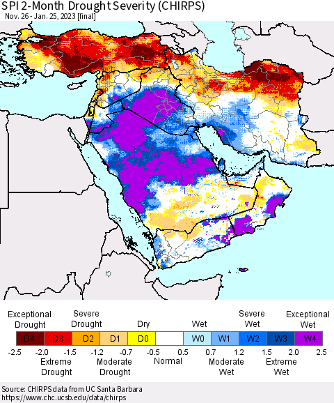 Middle East and Turkey SPI 2-Month Drought Severity (CHIRPS) Thematic Map For 11/26/2022 - 1/25/2023