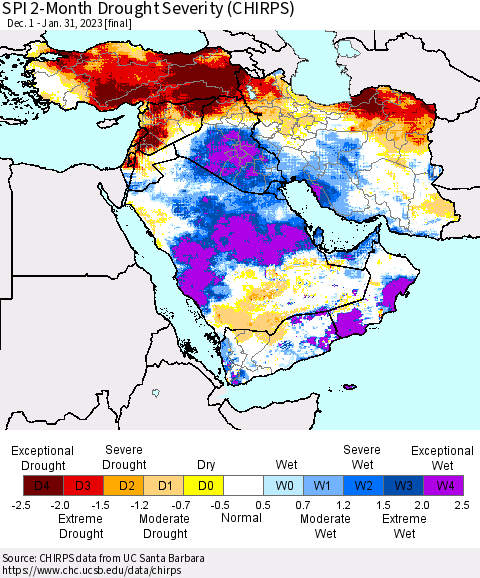 Middle East and Turkey SPI 2-Month Drought Severity (CHIRPS) Thematic Map For 12/1/2022 - 1/31/2023