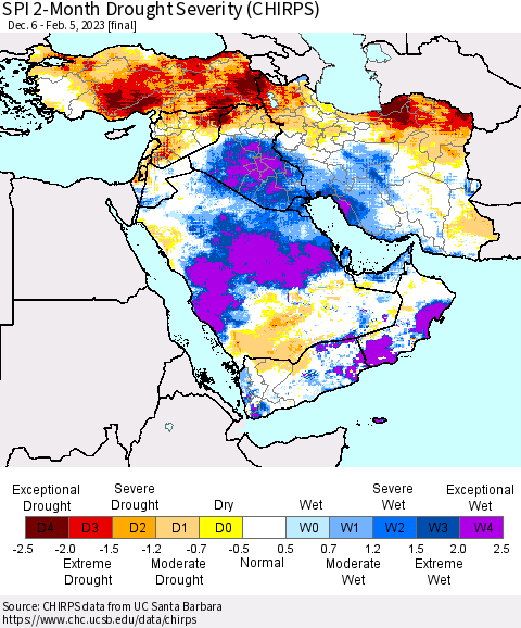 Middle East and Turkey SPI 2-Month Drought Severity (CHIRPS) Thematic Map For 12/6/2022 - 2/5/2023