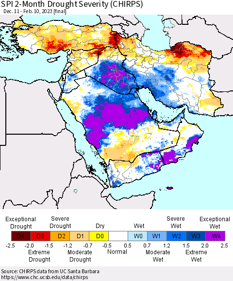Middle East and Turkey SPI 2-Month Drought Severity (CHIRPS) Thematic Map For 12/11/2022 - 2/10/2023