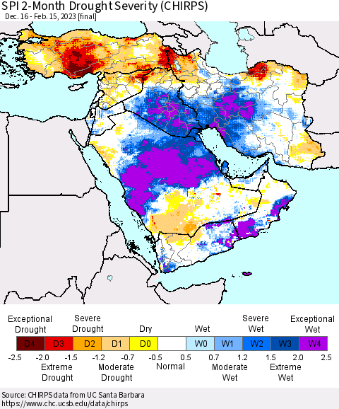 Middle East and Turkey SPI 2-Month Drought Severity (CHIRPS) Thematic Map For 12/16/2022 - 2/15/2023