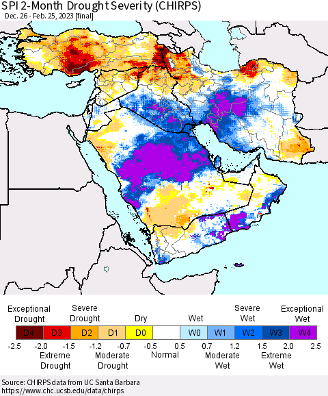 Middle East and Turkey SPI 2-Month Drought Severity (CHIRPS) Thematic Map For 12/26/2022 - 2/25/2023