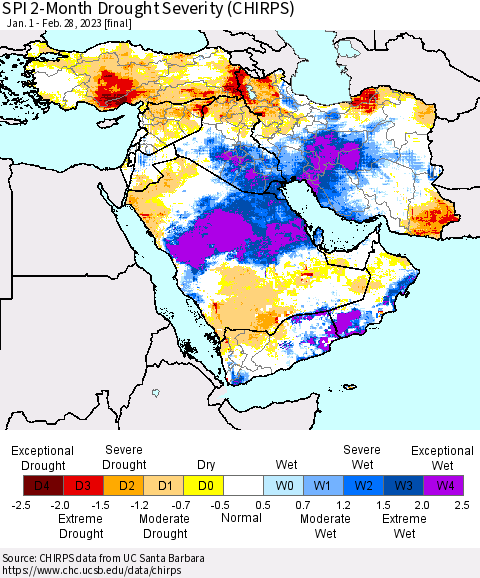 Middle East and Turkey SPI 2-Month Drought Severity (CHIRPS) Thematic Map For 1/1/2023 - 2/28/2023