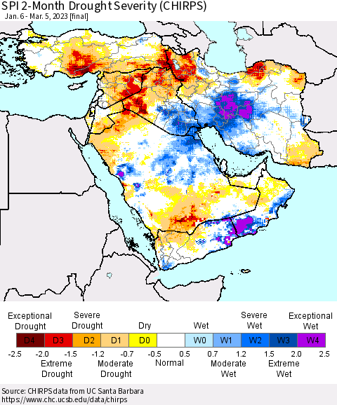 Middle East and Turkey SPI 2-Month Drought Severity (CHIRPS) Thematic Map For 1/6/2023 - 3/5/2023