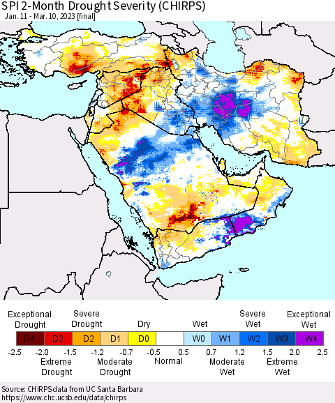 Middle East and Turkey SPI 2-Month Drought Severity (CHIRPS) Thematic Map For 1/11/2023 - 3/10/2023