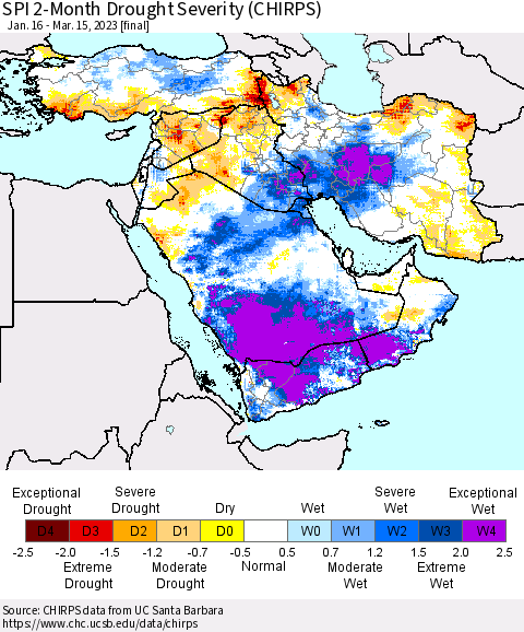 Middle East and Turkey SPI 2-Month Drought Severity (CHIRPS) Thematic Map For 1/16/2023 - 3/15/2023
