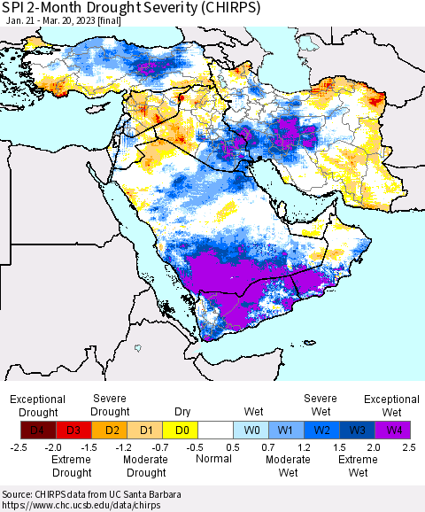Middle East and Turkey SPI 2-Month Drought Severity (CHIRPS) Thematic Map For 1/21/2023 - 3/20/2023