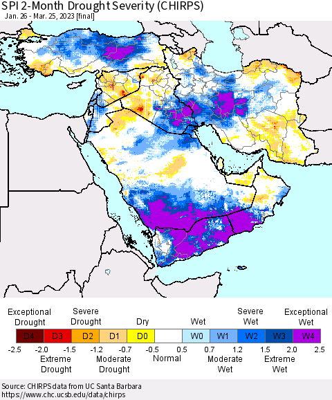 Middle East and Turkey SPI 2-Month Drought Severity (CHIRPS) Thematic Map For 1/26/2023 - 3/25/2023