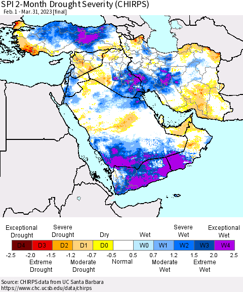 Middle East and Turkey SPI 2-Month Drought Severity (CHIRPS) Thematic Map For 2/1/2023 - 3/31/2023