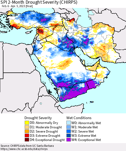 Middle East and Turkey SPI 2-Month Drought Severity (CHIRPS) Thematic Map For 2/6/2023 - 4/5/2023