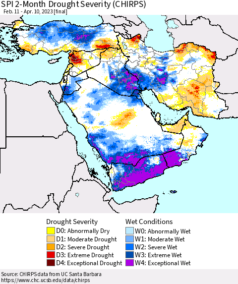 Middle East and Turkey SPI 2-Month Drought Severity (CHIRPS) Thematic Map For 2/11/2023 - 4/10/2023