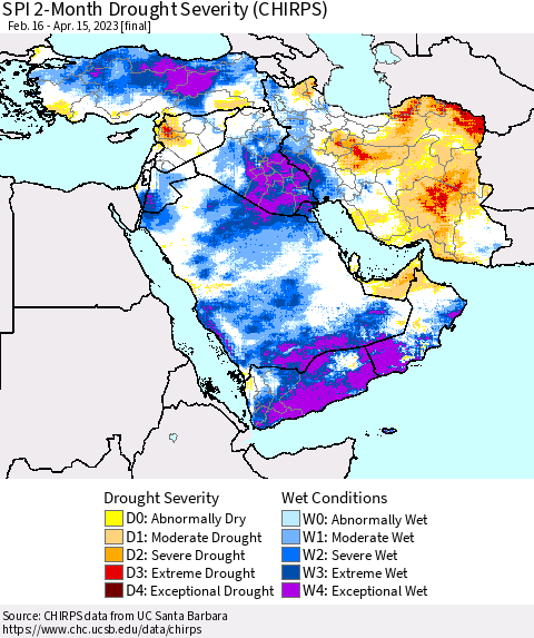 Middle East and Turkey SPI 2-Month Drought Severity (CHIRPS) Thematic Map For 2/16/2023 - 4/15/2023