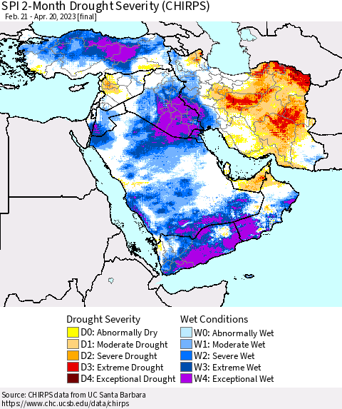 Middle East and Turkey SPI 2-Month Drought Severity (CHIRPS) Thematic Map For 2/21/2023 - 4/20/2023