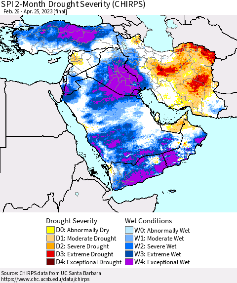 Middle East and Turkey SPI 2-Month Drought Severity (CHIRPS) Thematic Map For 2/26/2023 - 4/25/2023