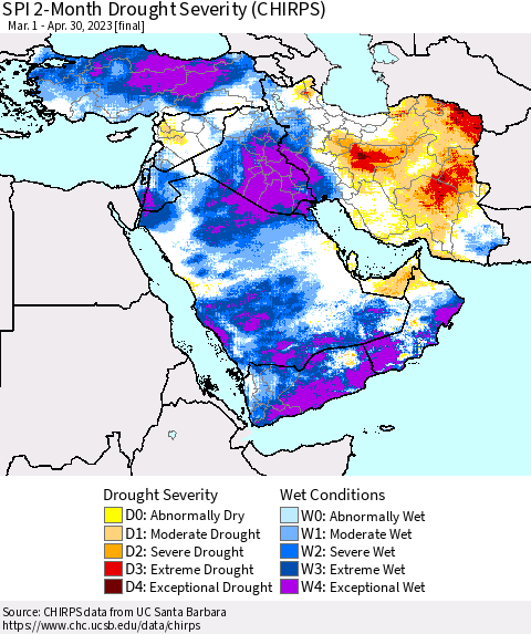 Middle East and Turkey SPI 2-Month Drought Severity (CHIRPS) Thematic Map For 3/1/2023 - 4/30/2023