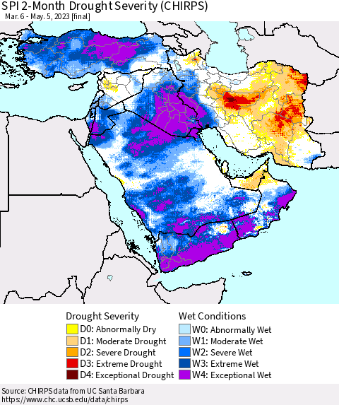 Middle East and Turkey SPI 2-Month Drought Severity (CHIRPS) Thematic Map For 3/6/2023 - 5/5/2023