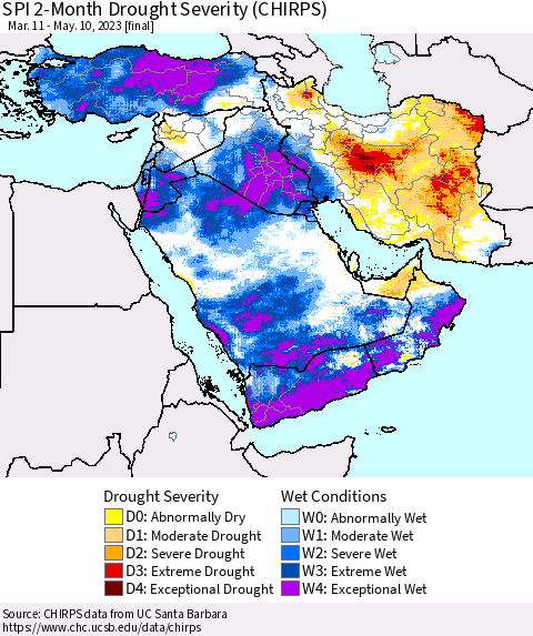 Middle East and Turkey SPI 2-Month Drought Severity (CHIRPS) Thematic Map For 3/11/2023 - 5/10/2023