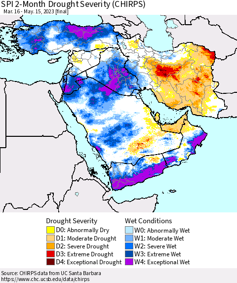 Middle East and Turkey SPI 2-Month Drought Severity (CHIRPS) Thematic Map For 3/16/2023 - 5/15/2023