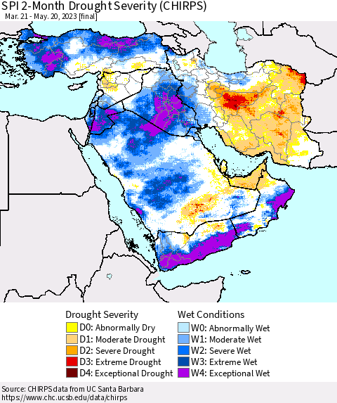 Middle East and Turkey SPI 2-Month Drought Severity (CHIRPS) Thematic Map For 3/21/2023 - 5/20/2023