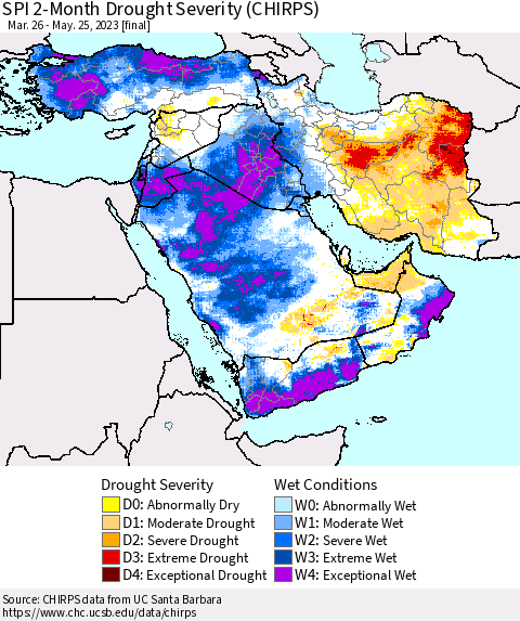 Middle East and Turkey SPI 2-Month Drought Severity (CHIRPS) Thematic Map For 3/26/2023 - 5/25/2023