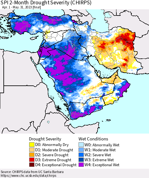 Middle East and Turkey SPI 2-Month Drought Severity (CHIRPS) Thematic Map For 4/1/2023 - 5/31/2023