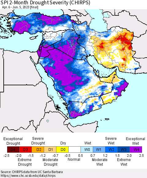 Middle East and Turkey SPI 2-Month Drought Severity (CHIRPS) Thematic Map For 4/6/2023 - 6/5/2023