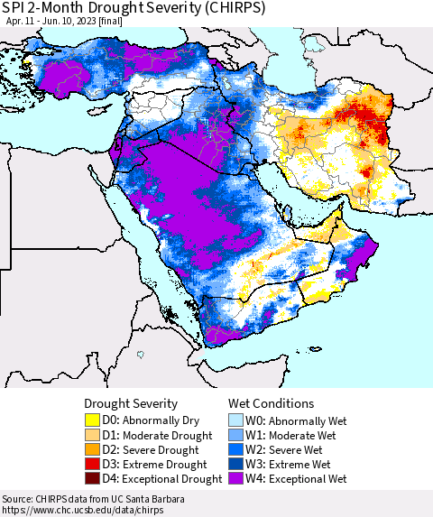 Middle East and Turkey SPI 2-Month Drought Severity (CHIRPS) Thematic Map For 4/11/2023 - 6/10/2023