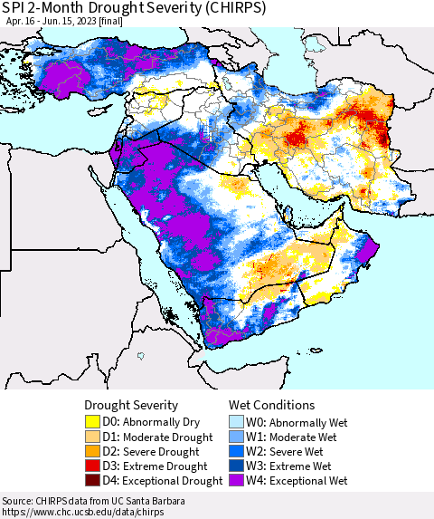 Middle East and Turkey SPI 2-Month Drought Severity (CHIRPS) Thematic Map For 4/16/2023 - 6/15/2023