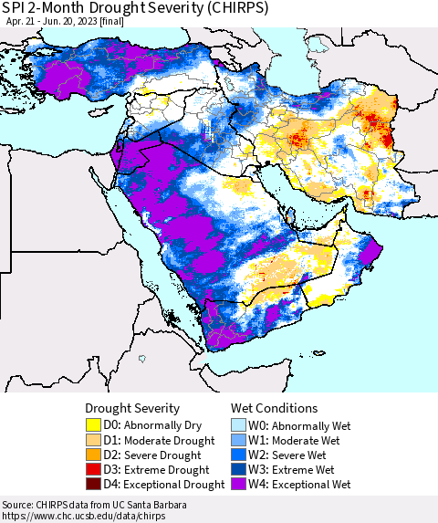 Middle East and Turkey SPI 2-Month Drought Severity (CHIRPS) Thematic Map For 4/21/2023 - 6/20/2023