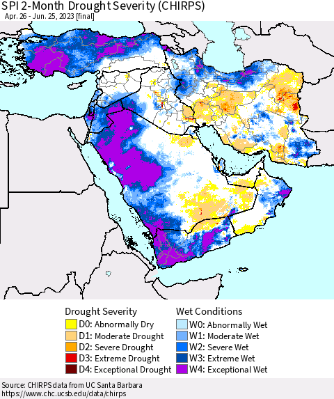Middle East and Turkey SPI 2-Month Drought Severity (CHIRPS) Thematic Map For 4/26/2023 - 6/25/2023