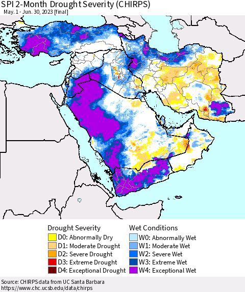 Middle East and Turkey SPI 2-Month Drought Severity (CHIRPS) Thematic Map For 5/1/2023 - 6/30/2023