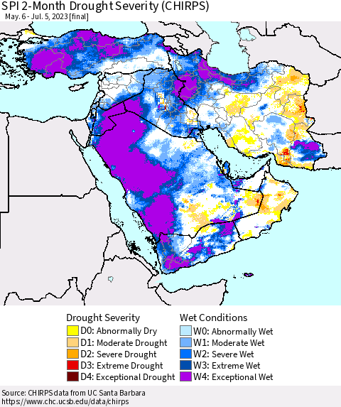 Middle East and Turkey SPI 2-Month Drought Severity (CHIRPS) Thematic Map For 5/6/2023 - 7/5/2023