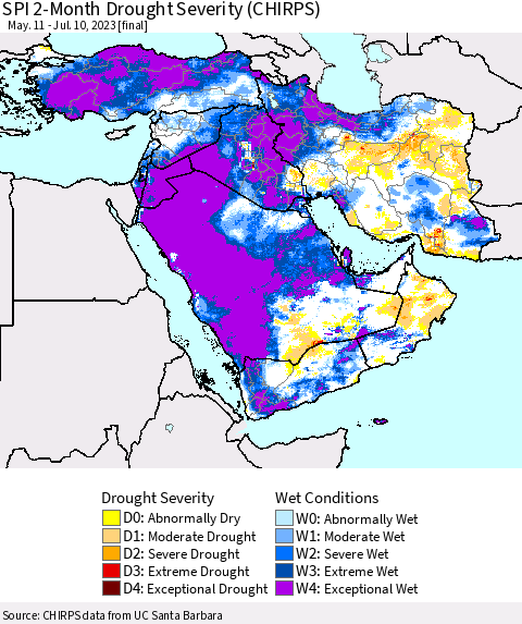 Middle East and Turkey SPI 2-Month Drought Severity (CHIRPS) Thematic Map For 5/11/2023 - 7/10/2023