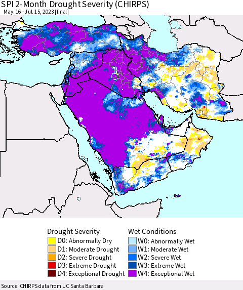 Middle East and Turkey SPI 2-Month Drought Severity (CHIRPS) Thematic Map For 5/16/2023 - 7/15/2023
