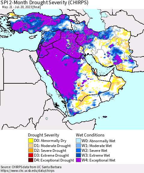Middle East and Turkey SPI 2-Month Drought Severity (CHIRPS) Thematic Map For 5/21/2023 - 7/20/2023