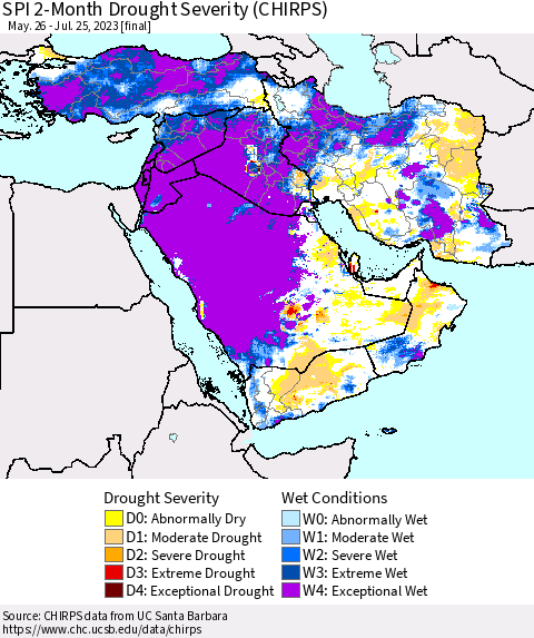 Middle East and Turkey SPI 2-Month Drought Severity (CHIRPS) Thematic Map For 5/26/2023 - 7/25/2023