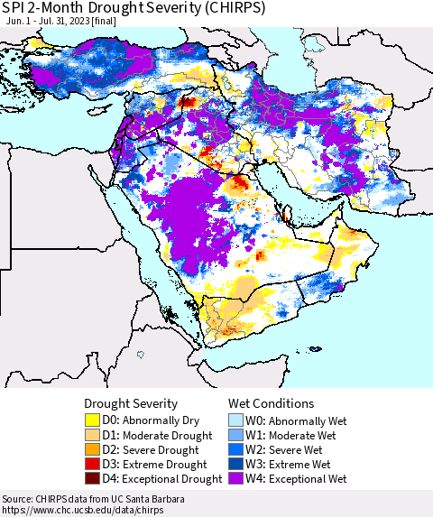 Middle East and Turkey SPI 2-Month Drought Severity (CHIRPS) Thematic Map For 6/1/2023 - 7/31/2023
