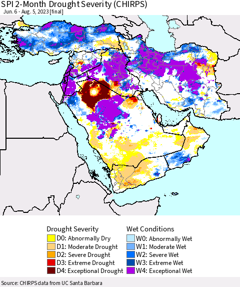 Middle East and Turkey SPI 2-Month Drought Severity (CHIRPS) Thematic Map For 6/6/2023 - 8/5/2023