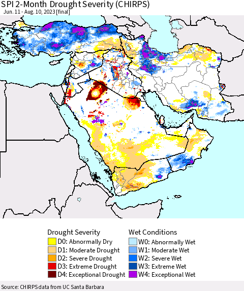 Middle East and Turkey SPI 2-Month Drought Severity (CHIRPS) Thematic Map For 6/11/2023 - 8/10/2023