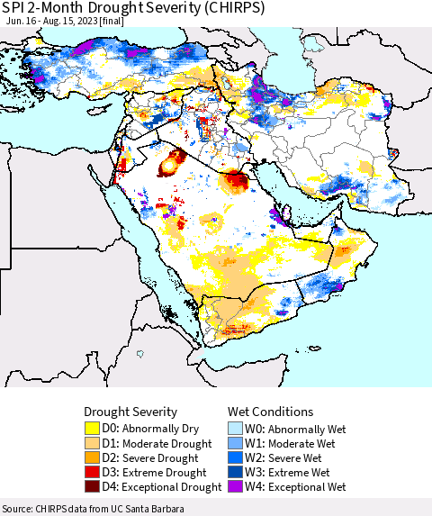 Middle East and Turkey SPI 2-Month Drought Severity (CHIRPS) Thematic Map For 6/16/2023 - 8/15/2023