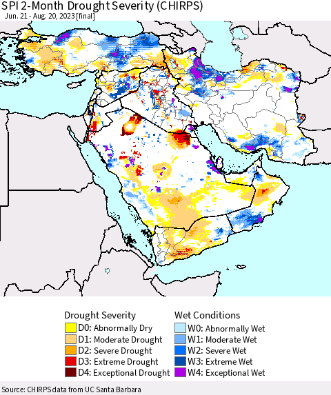 Middle East and Turkey SPI 2-Month Drought Severity (CHIRPS) Thematic Map For 6/21/2023 - 8/20/2023