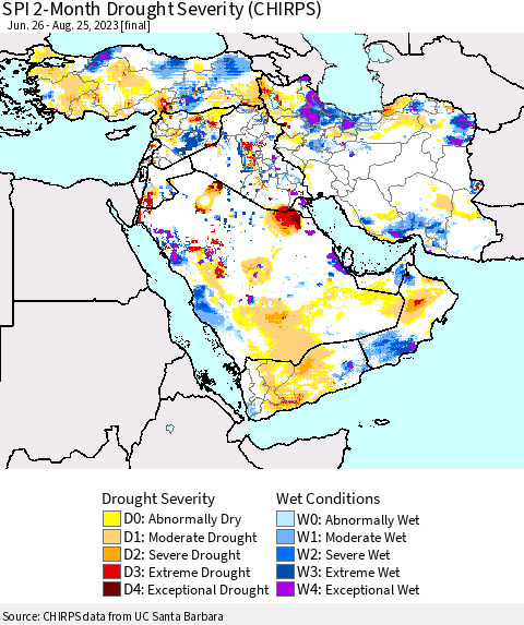 Middle East and Turkey SPI 2-Month Drought Severity (CHIRPS) Thematic Map For 6/26/2023 - 8/25/2023