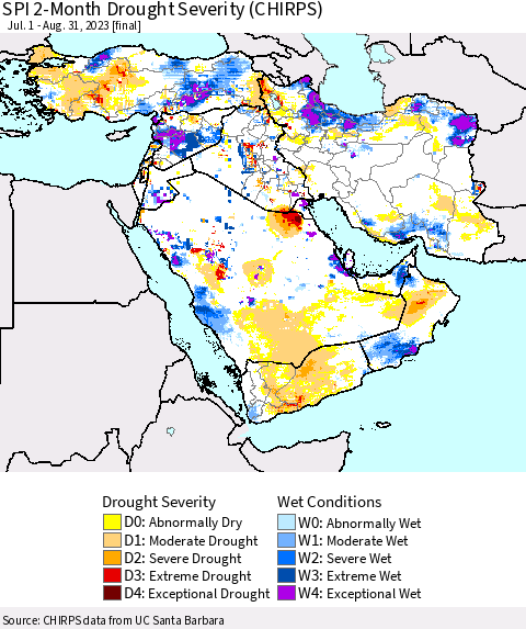 Middle East and Turkey SPI 2-Month Drought Severity (CHIRPS) Thematic Map For 7/1/2023 - 8/31/2023