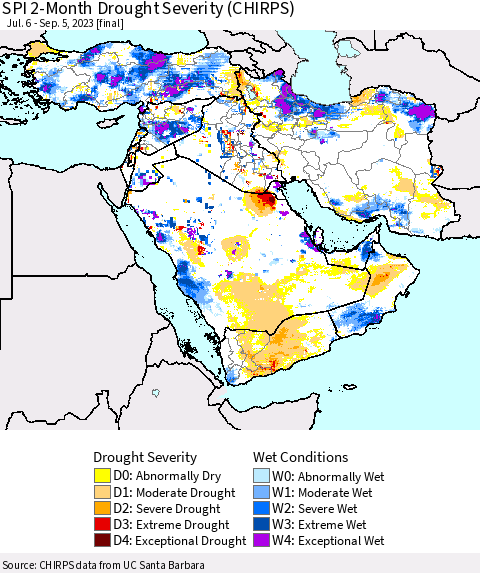 Middle East and Turkey SPI 2-Month Drought Severity (CHIRPS) Thematic Map For 7/6/2023 - 9/5/2023