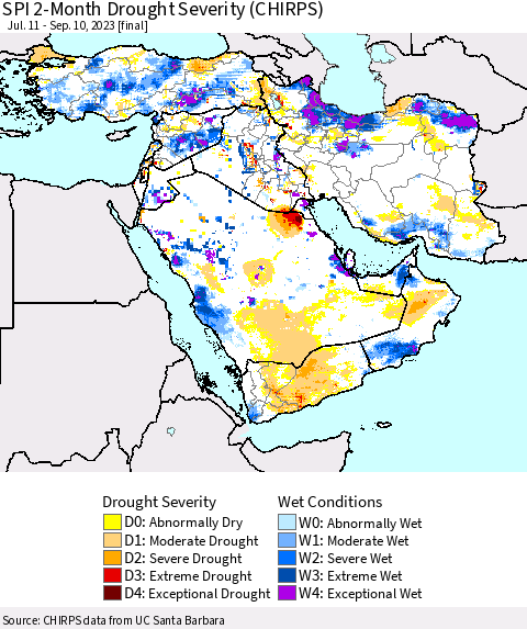 Middle East and Turkey SPI 2-Month Drought Severity (CHIRPS) Thematic Map For 7/11/2023 - 9/10/2023