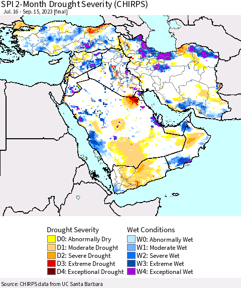 Middle East and Turkey SPI 2-Month Drought Severity (CHIRPS) Thematic Map For 7/16/2023 - 9/15/2023