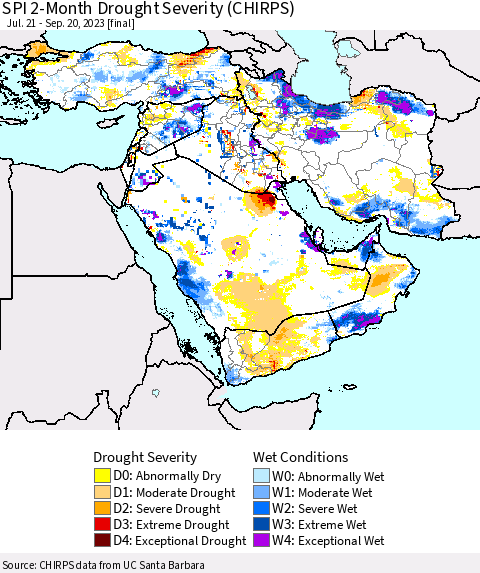 Middle East and Turkey SPI 2-Month Drought Severity (CHIRPS) Thematic Map For 7/21/2023 - 9/20/2023