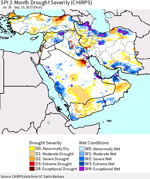 Middle East and Turkey SPI 2-Month Drought Severity (CHIRPS) Thematic Map For 7/26/2023 - 9/25/2023