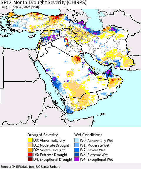 Middle East and Turkey SPI 2-Month Drought Severity (CHIRPS) Thematic Map For 8/1/2023 - 9/30/2023